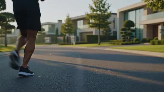 Man Jogging Through Modern Suburban Neighborhood at Sunrise