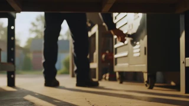 Mechanic Opening Metal Tool Chest in Sunlit Garage Workshop