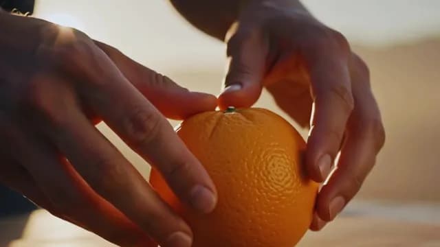 Hands Holding Fresh Ripe Orange During Sunset Golden Hour