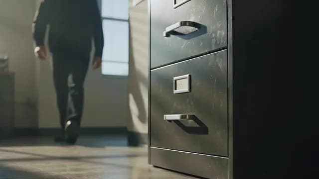 Man Walking Past Metal Filing Cabinet in Sunlit Corporate Office