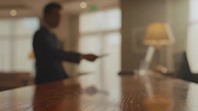 Blurred Businessman Checking In at Luxury Hotel Reception Desk