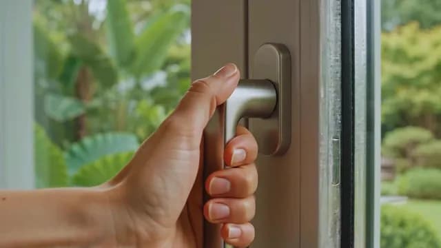 Close-up of Hand Closing Modern Window Overlooking Lush Garden
