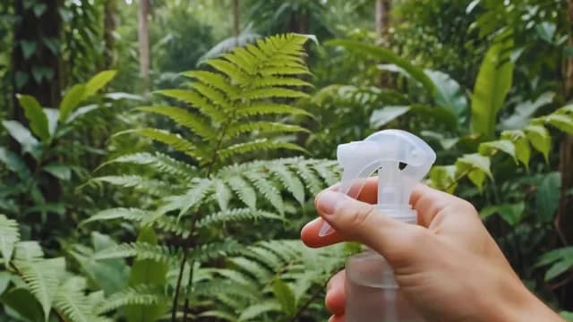 Hand Spraying Water Mist on Fern in Tropical Forest