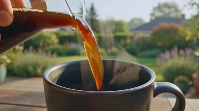 Pouring Fresh Hot Coffee in a Sunny Morning Garden