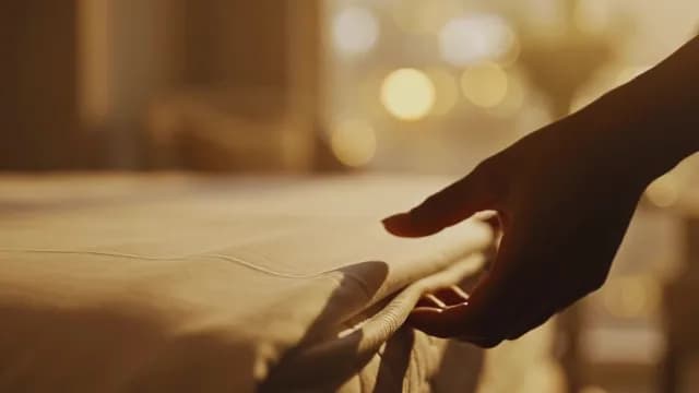 Hand Smoothing Bed Linens in Warm Golden Light