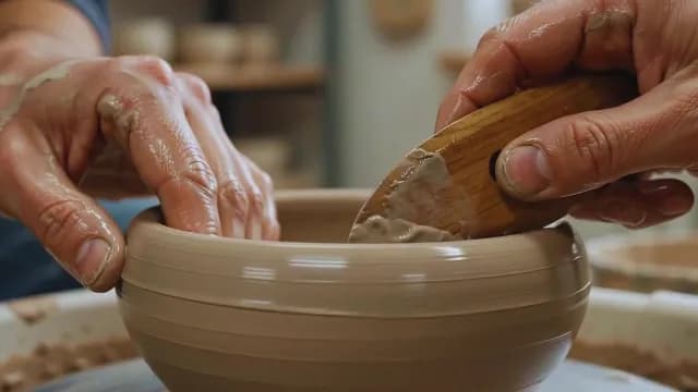 Professional Potter Shaping Clay Bowl on Pottery Wheel
