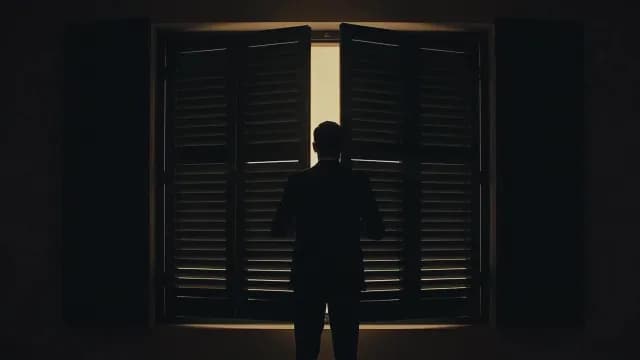 Silhouetted Businessman Opening Window Shutters to Bright Light