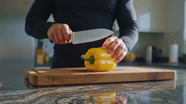 Man in Athletic Wear Slicing Yellow Bell Pepper in Modern Kitchen