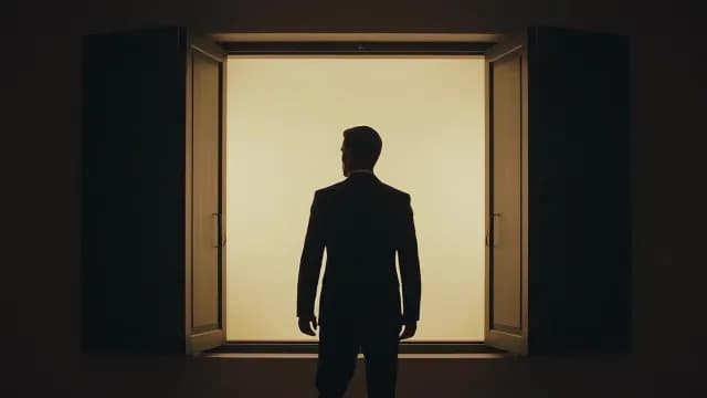Businessman Silhouette Standing at Bright Open Window