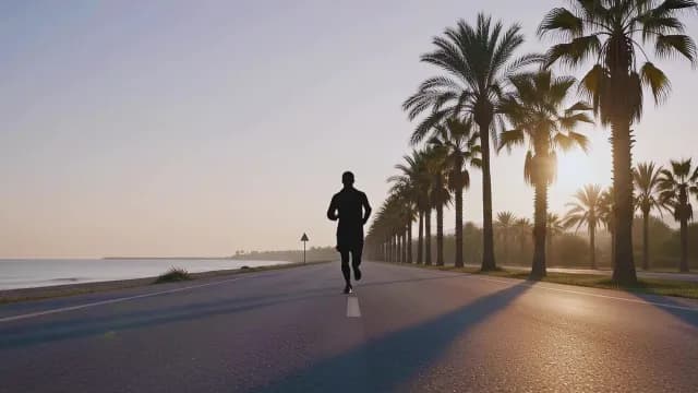 Silhouetted Man Jogging on Palm Tree Lined Coastal Road at Sunrise