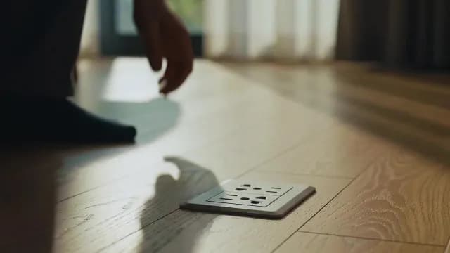 Person Reaching for Floor Mounted Power Outlet on Hardwood