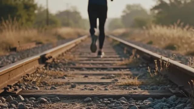 Low Angle Shot of Runner on Railway Tracks at Sunset