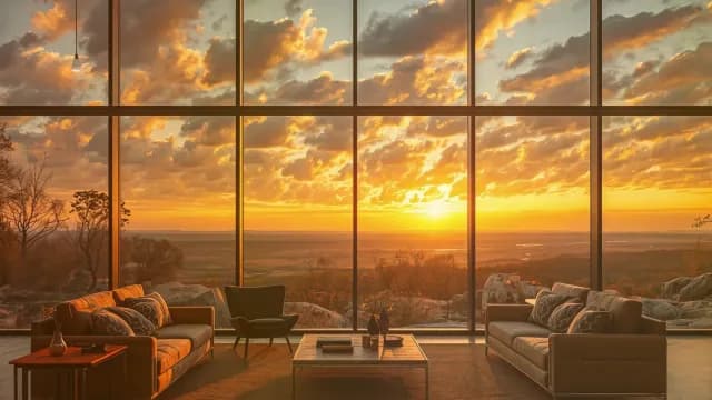 Luxury Modern Living Room with Panoramic Sunset View Through Windows