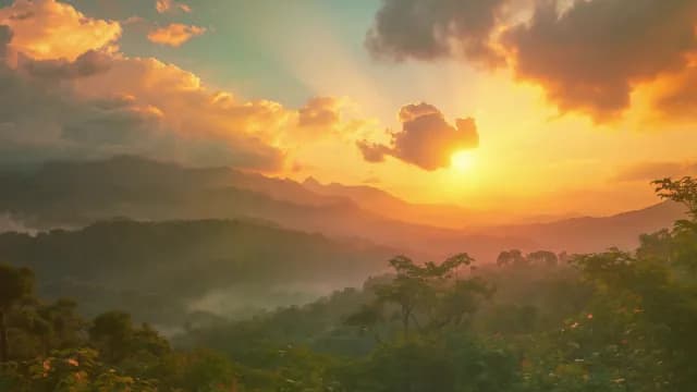 Cinematic Golden Sunrise Over Misty Tropical Mountain Forest