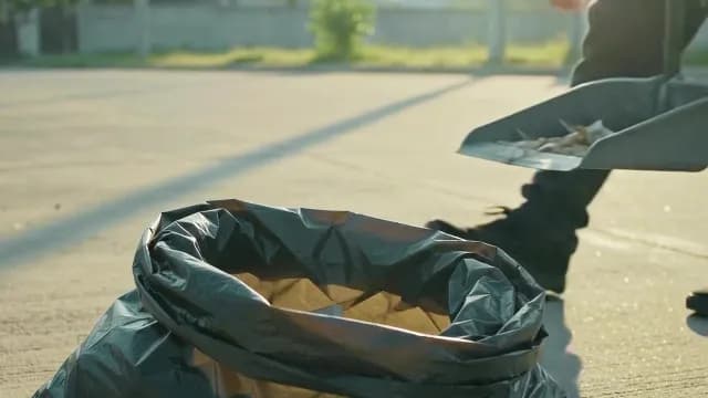 Street worker cleaning litter into trash bag outdoors