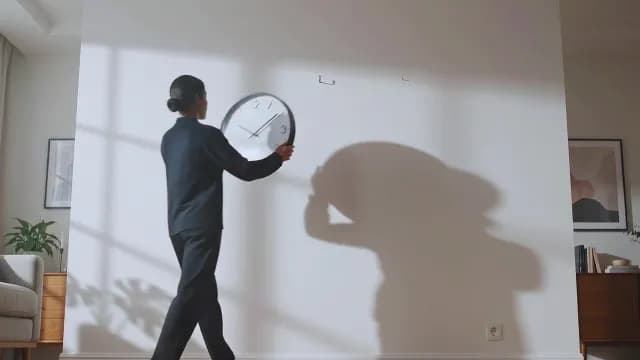 Woman in Black Suit Hanging Large Wall Clock in Minimalist Room