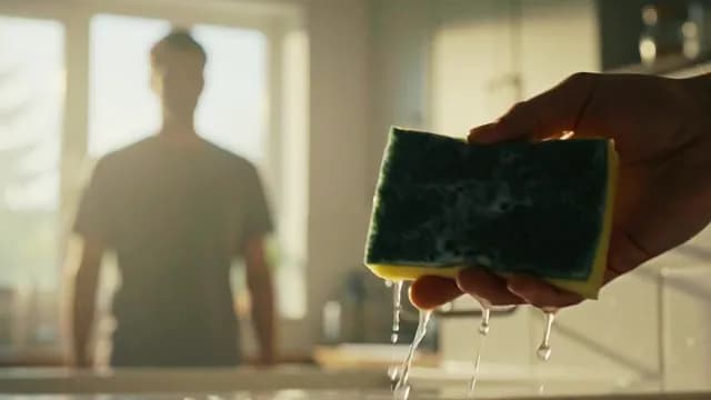 Squeezing Wet Sponge in Sunny Domestic Kitchen