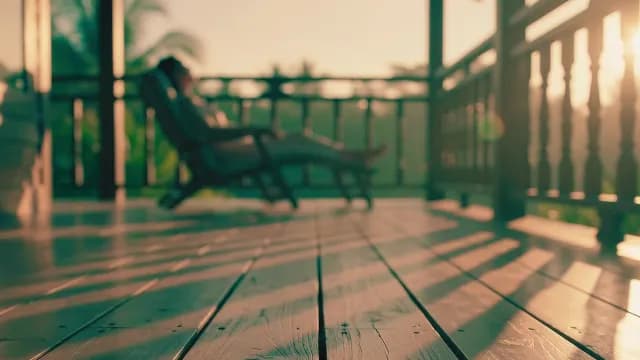 Relaxed Person on Tropical Balcony at Sunset Bokeh Background