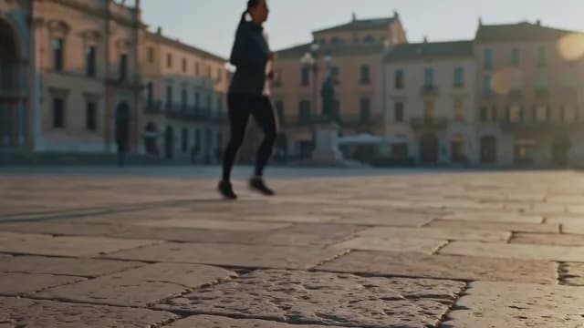 Woman Jogging in Historic European City Square at Sunrise