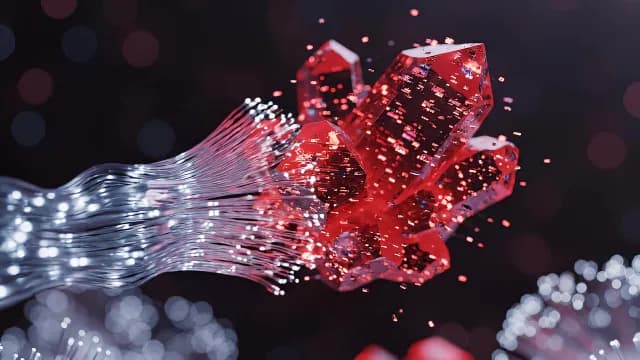 Abstract Red Crystals with Glowing Fiber Optic Light Cables