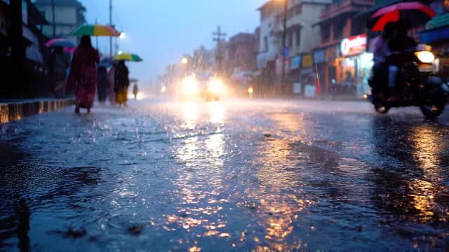 Heavy monsoon rain on a busy urban street at twilight