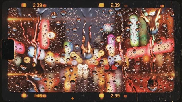 Cinematic Raindrops on Window with Blurred Night City Lights