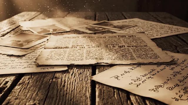 Vintage Hindi Newspaper and Old Photographs on Rustic Wood