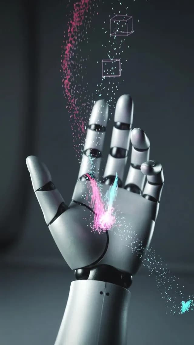Robotic Hand Emitting Glowing Digital Particles and AI Data Concepts
