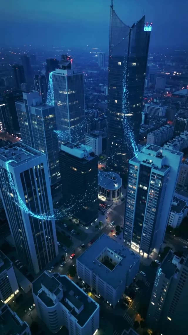 Futuristic Smart City Data Connectivity Network at Night