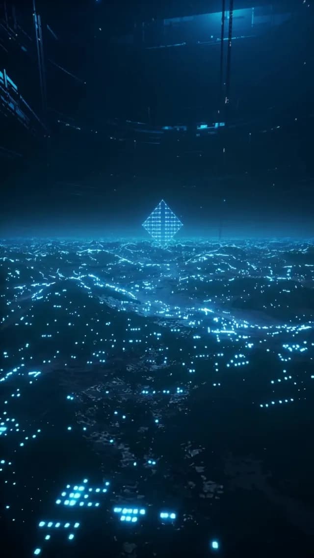 Futuristic Digital Data Landscape with Glowing Blue Geometric Shape
