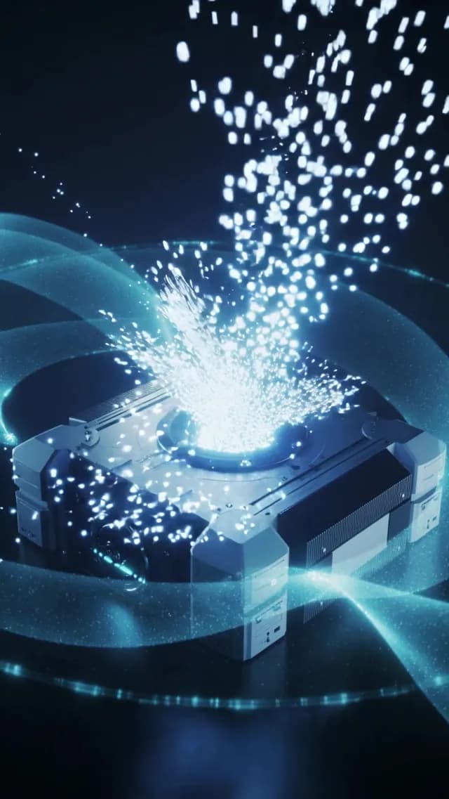 Futuristic Quantum Computer Emitting Glowing Digital Data Particles