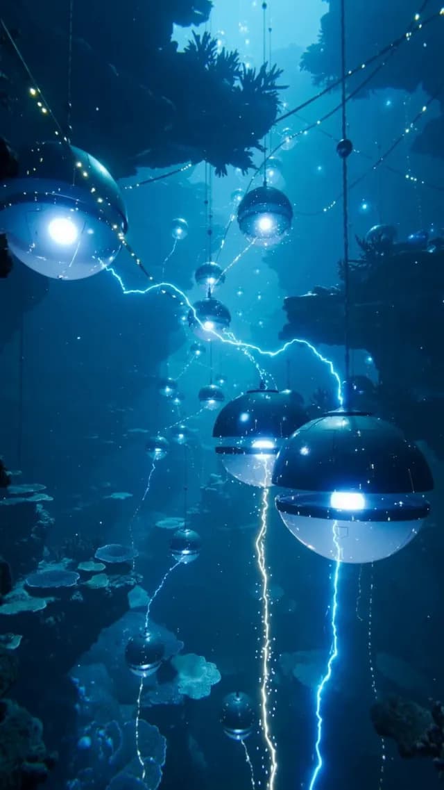 Futuristic Underwater Glowing Spheres with Electrical Energy Arcs