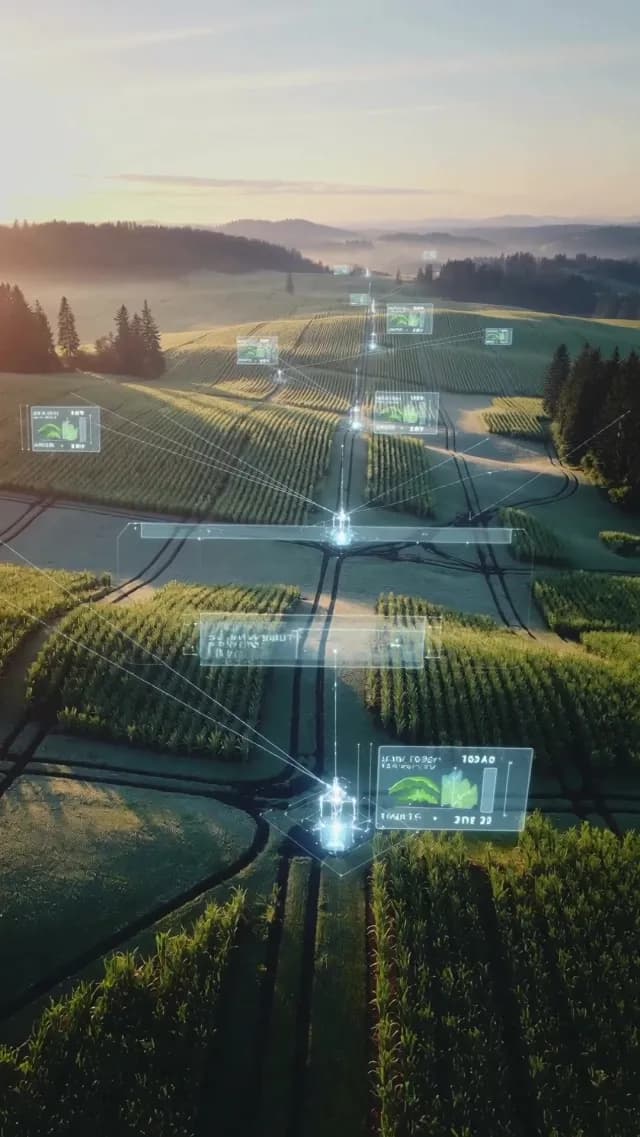 Smart Farming Aerial View with Digital Data Overlays at Sunrise