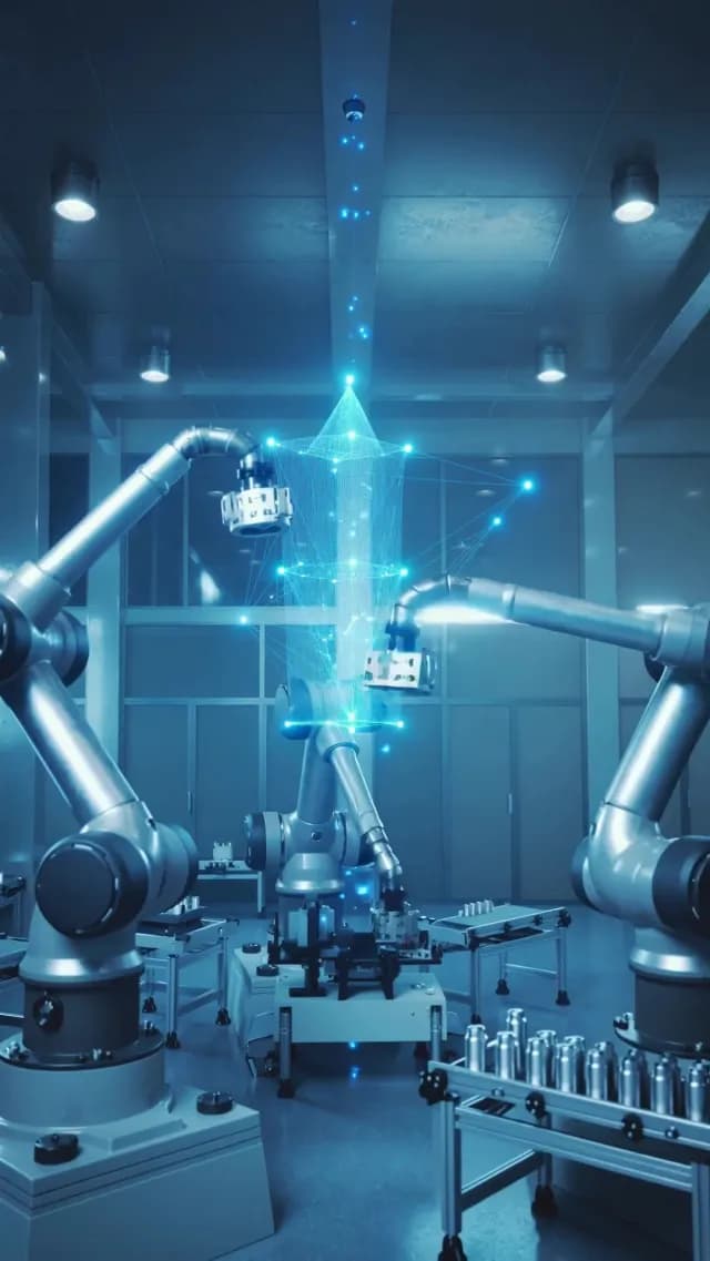 Futuristic Automated Factory with Robotic Arms and Holographic Interface