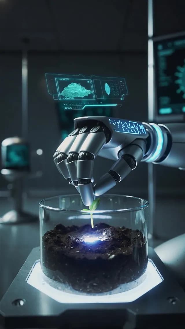 Robotic Hand Analyzing Small Plant Sprout in High-Tech Lab