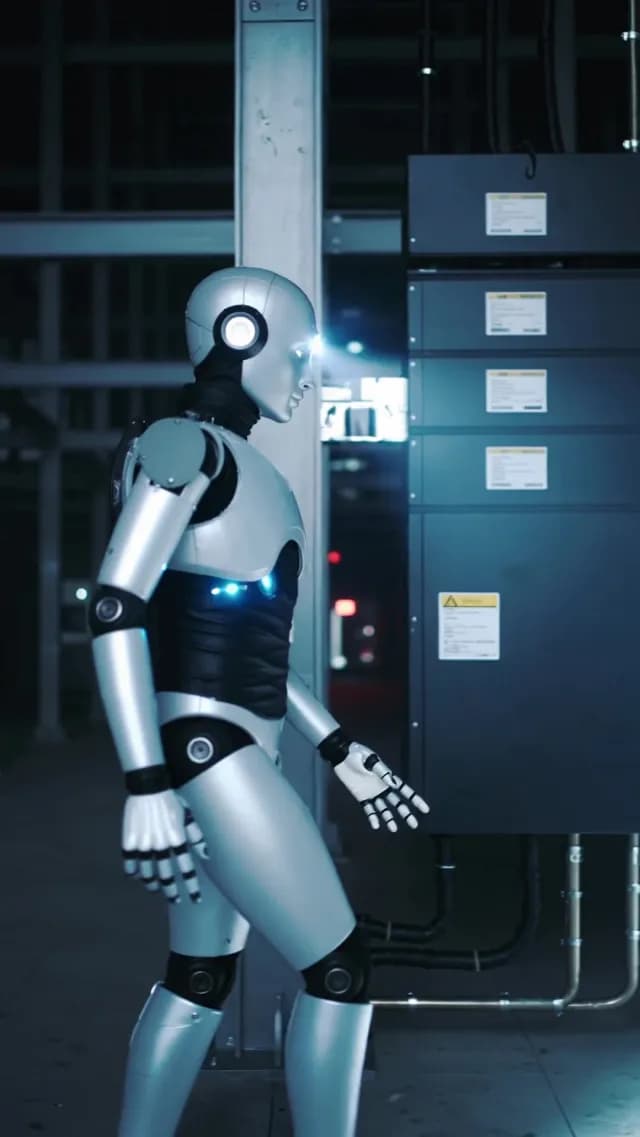 Advanced Humanoid Robot Walking in Futuristic Industrial Facility