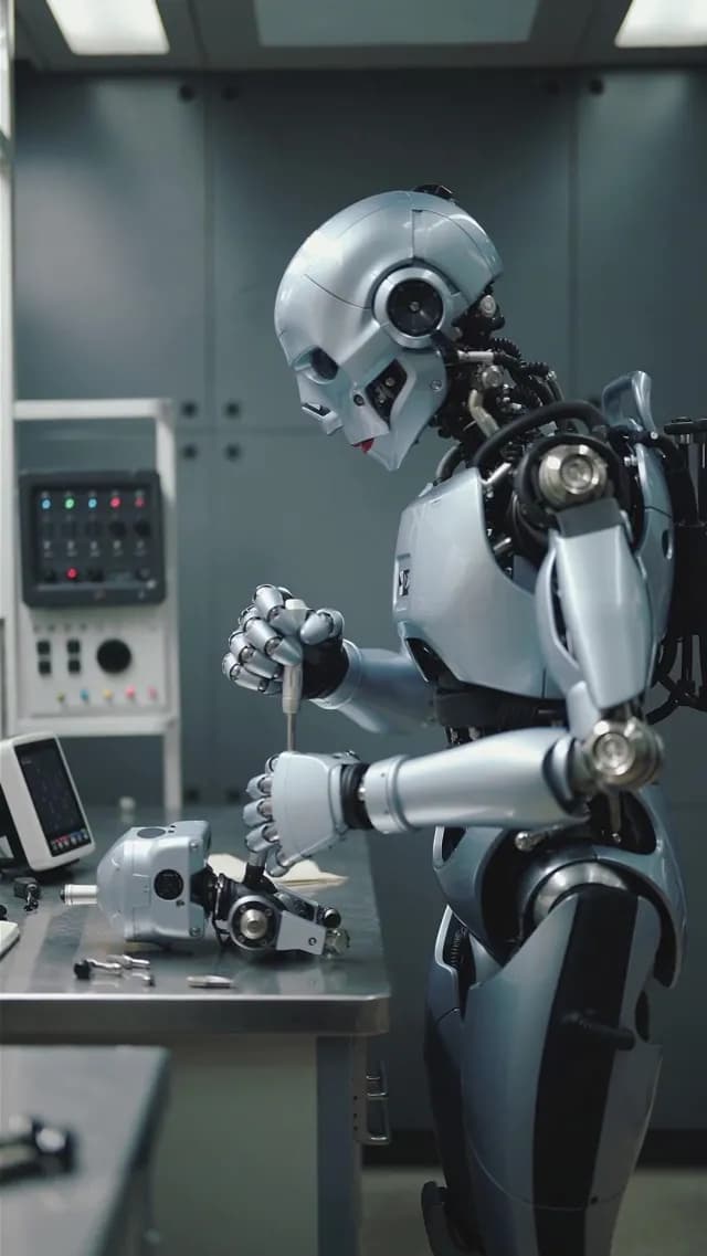 Advanced Humanoid Robot Assembling High-Tech Mechanical Components in Lab