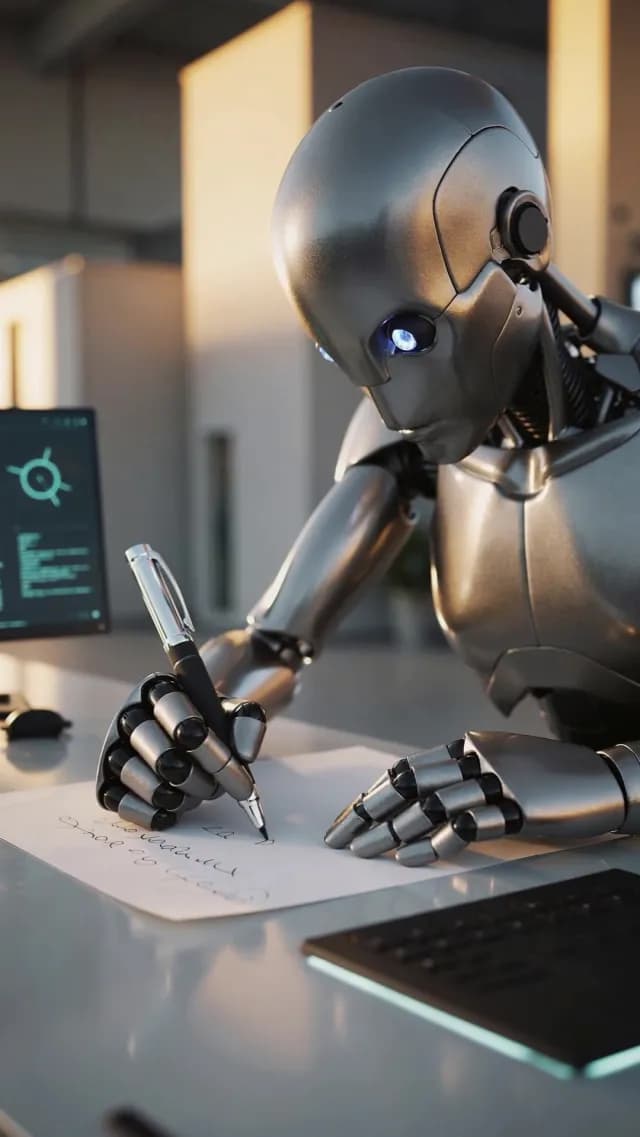 Futuristic Humanoid Robot Writing on Paper at Modern Office Desk