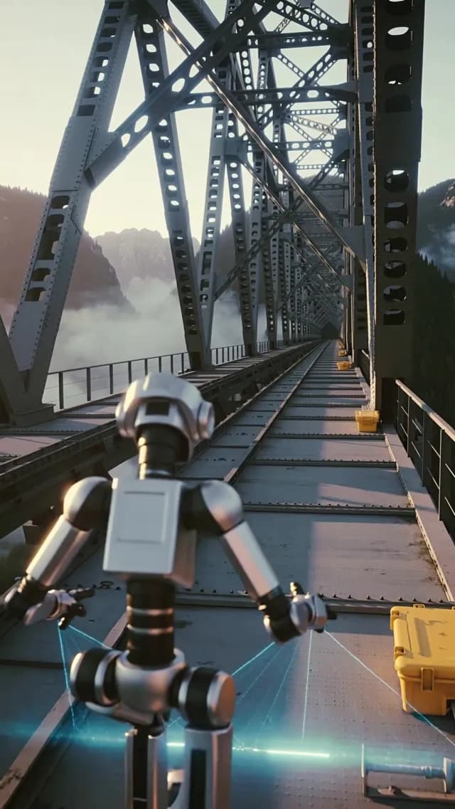Futuristic Robot Walking Across Industrial Steel Bridge at Sunset