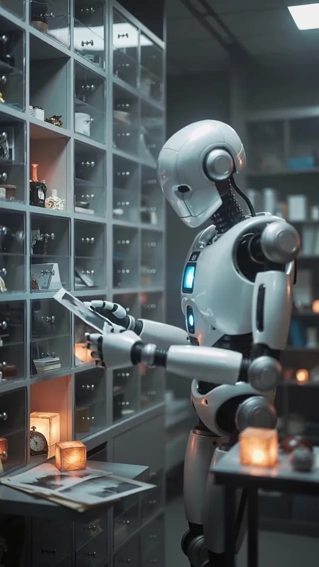 White Humanoid Robot Examining Photographs in Modern Storage Facility
