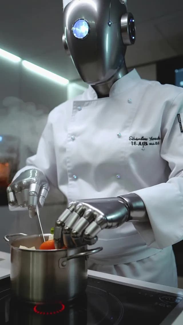 Futuristic Robot Chef Preparing Food in Professional Kitchen