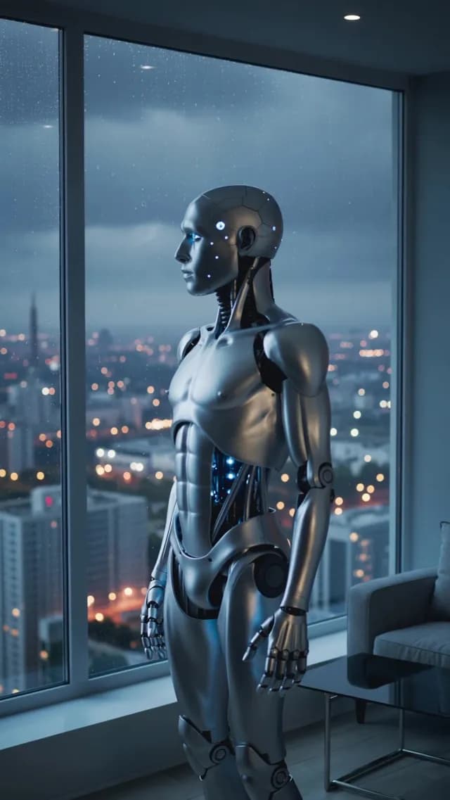Futuristic Humanoid Robot Overlooking Night City Skyline