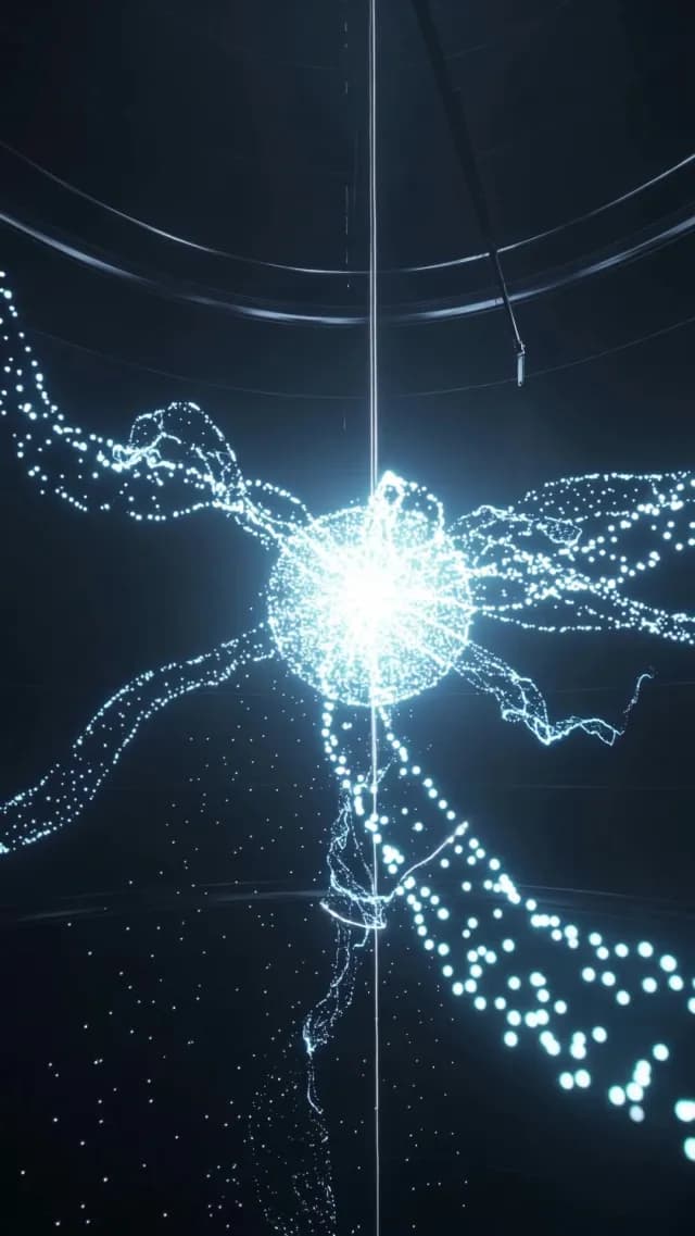Futuristic Blue Particle Energy Sphere with Digital Flowing Trails