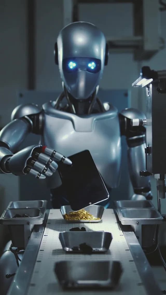 Futuristic Humanoid Robot Operating Industrial Factory Assembly Line