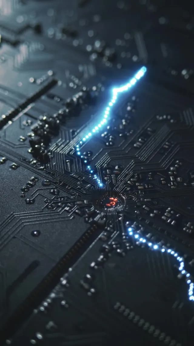Futuristic Circuit Board with Glowing Data Light Streams