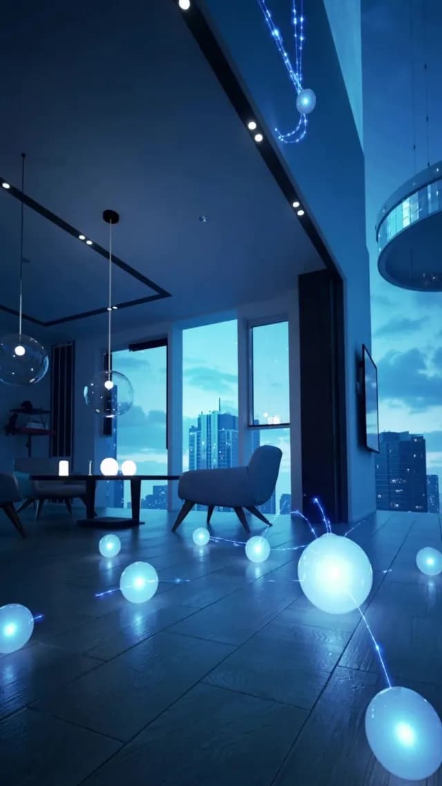 Futuristic Smart Home with Glowing Digital Data Orbs at Night