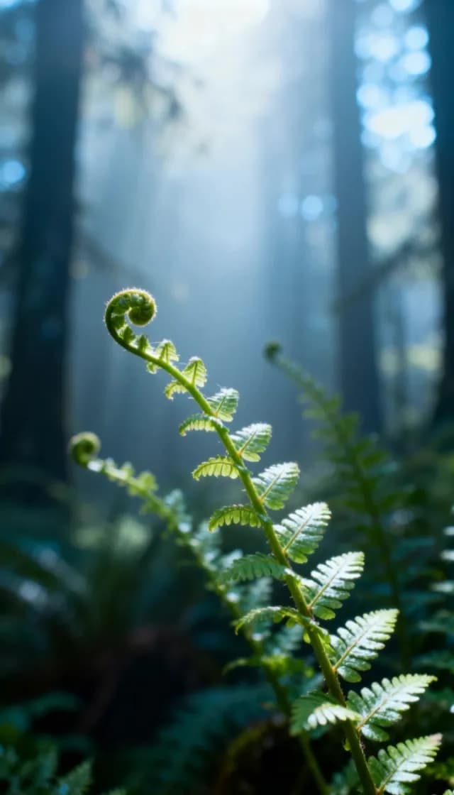 Macro Fern Frond in Misty Sunlit Forest Morning