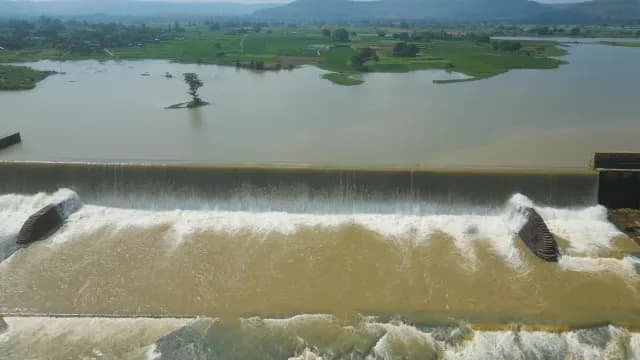 Aerial View of River Water Cascading Over Rural Rajdari Devdari Dam, Varanasi, Uttra Pradesh