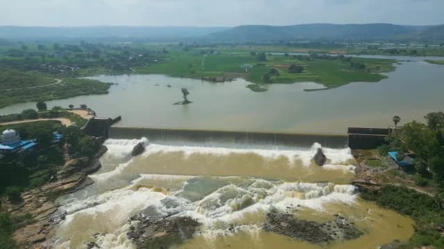 Aerial View of River Rajdari Devdari Dam Spillway and Rural Farmland