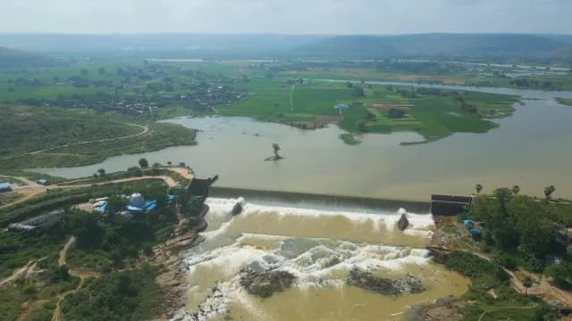 Aerial View of Rajdari Devdari Dam Waterfall and Rural Green Landscapes